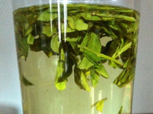 Dragon well leaves steeping in a glass