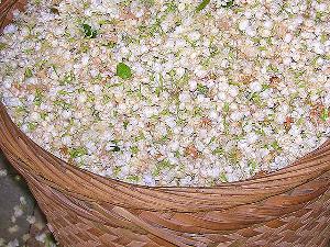 A basket with jasmine blossoms and tea leaves