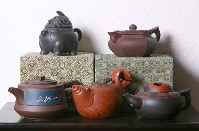 Five different clay yixing teapots