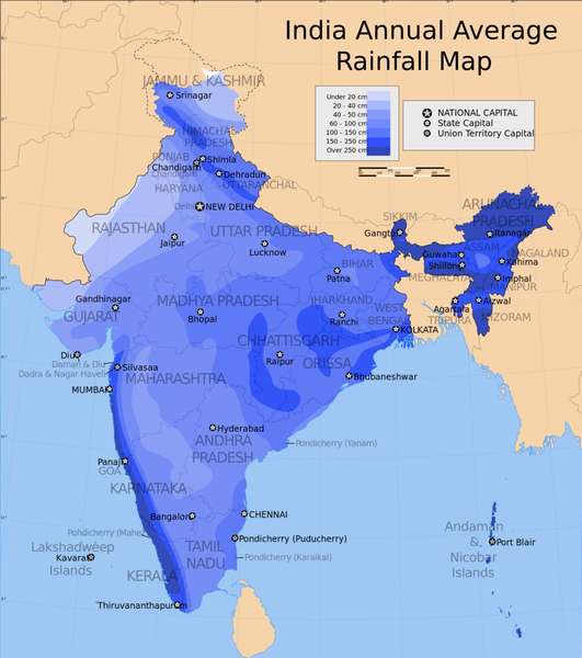 India Annual Average Rainfall Map, darker blue showing areas of higher rainfall along southwest coast, in northeast India, and scattered ridges in far north
