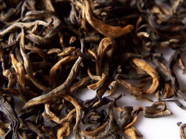 Closeup of loose-leaf black tea with golden and brown colors, dry-looking