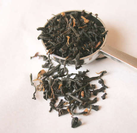 Loose-leaf black tea with some orange tip visible, in a measuring spoon with some scattered below, on white background
