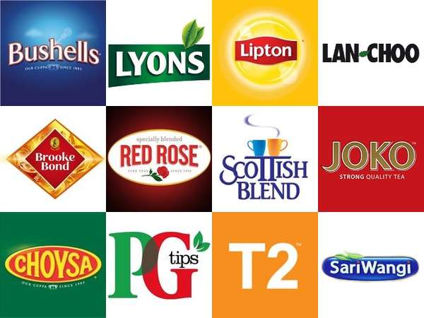 Colorful collage of 12 different tea brand logos: Bushells, Lyons, Lipton, Lan-Choo, Brooke Bond, Red Rose, Scottish Blend, Joko, Choysa, PG Tips, T2, and SariWangi