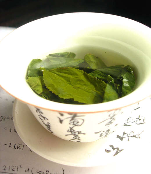 Whole green tea leaves showing clear serrated edges, steeping in a white dish with ornate chinese characters on the outside sides, sitting in a saucer, on top of a white paper with some math equations