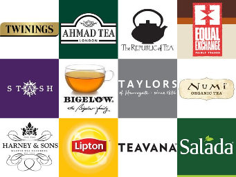 A collage of twelve tea company logos