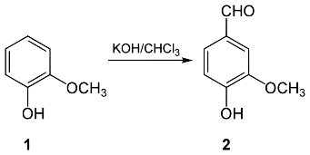 Chemical reaction showing vanillin being synthesized from guaiacol