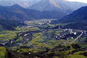 Agriculture around a town between mountains