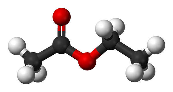 Ball-and-stick model of Ethyl Acetate, 4 carbons black, 2 oxygens red, 8 hydrogens white