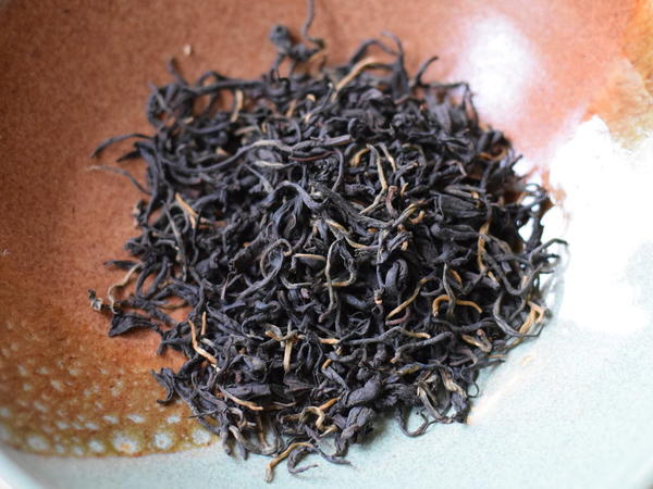 Loose-leaf black tea, wiry and tightly curved, with lots of golden-orange tips, in a ceramic bowl