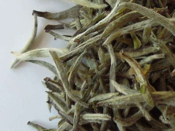 Loose-leaf silver needle white tea, silvery buds covered in downy white hair
