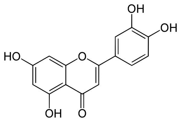 Molecular diagram of luteolin, showing two normal aromatic rings one with an oxygen in it, four OH groups and one double-bonded O around edge