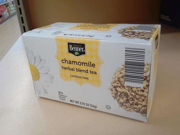 White package of Benner Tea Co Chamomile Herbal Blend Tea, 20 teabags, on shelf