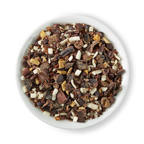 Loose-leaf blend with white chocolate pieces and various other chunky herbs