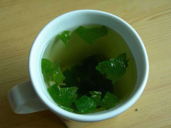 White cup filled with pale yellowish herbal tea with floating green leaves, on light wooden background