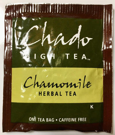 Shiny tea bag reading Chado High Tea, Chamomile Herbal Tea, one tea bag, caffeine free