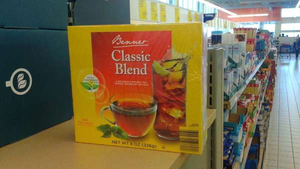 Box of Benner Classic Blend Tea, on shelf in supermarket aisle