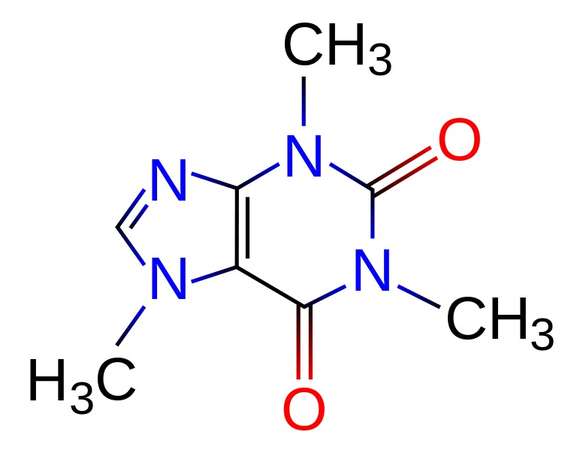 Diagram of caffeine molecule: 2 Oxygens red, 4 Nitrogens blue, other parts black