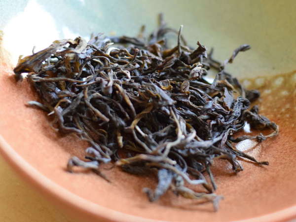 Wiry, twisted tea leaves with ranges of olive-brown colors