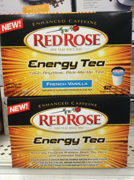 Two boxes of Red Rose Energy Tea, reading Enhanced Caffeine, one with K-cup pictured