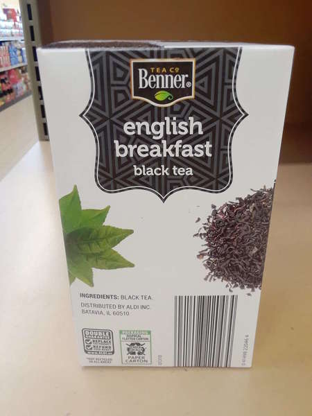 Box of Benner Tea Co English Breakfast Back Tea, Side View, on Shelf