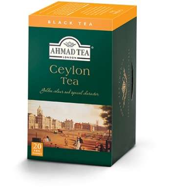 Dark green box of 20 tea bags with orange top reading black tea, Ahmad Tea logo, and big label reading Ceylon Tea, picture underneath