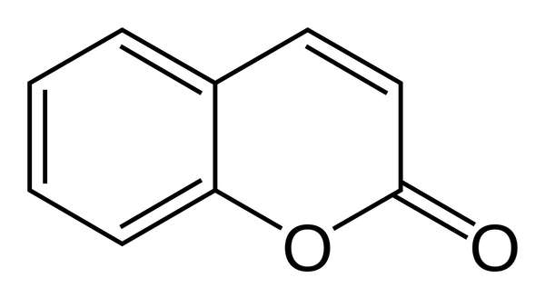 Coumarin diagram, a simple arene ring fused to a second with oxygen substituted for a carbon, and a double-bonded oxygen