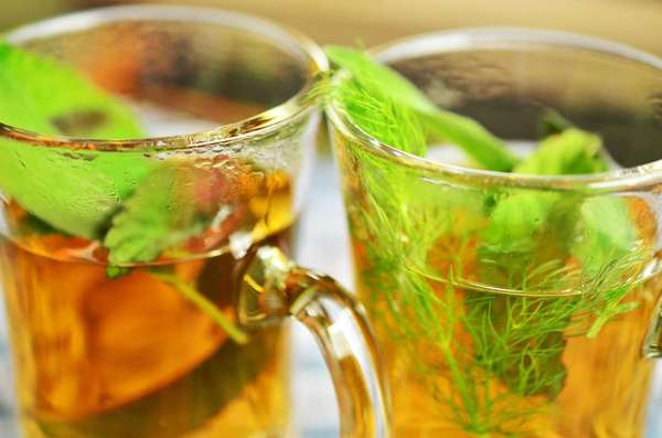 Two glasses filled with amber tea, with fresh mint leaves in both cups, fennel leaves in the cup on the right