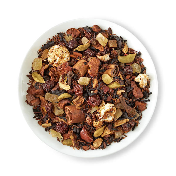 Loose-leaf blend of black tea, cinnamon bark, cardamom seeds, and other spices and herbs