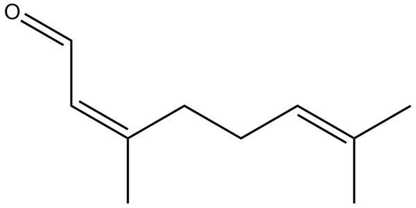 Molecular diagram showing single oxygen double bonded to a chain of carbons with two side branches and two double bonds in the mix